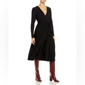 Rebecca Taylor Black V-Neck Modal Midi Dress Tie Waist Long Sleeve XL